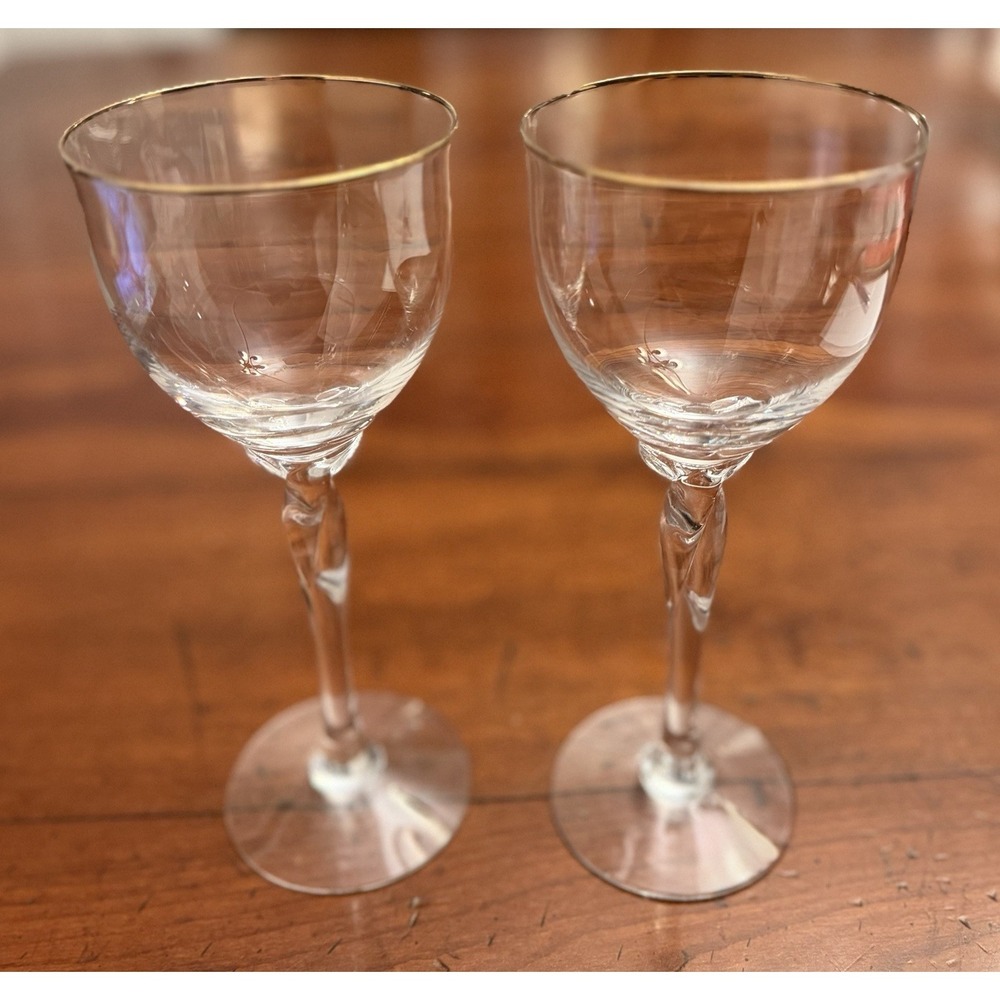 Vintage Lenox Unity Gold Crystal Wine Glasses - Pair of 2‎ Gold Rim Twisted Stem